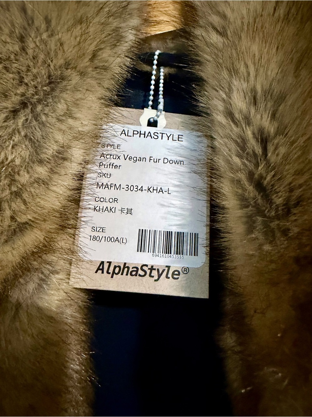 AlphaStyle Vegan Fur Color Block Sherpa Puffer Jacket Khaki Red Blush Size Large - Picture 8 of 8
